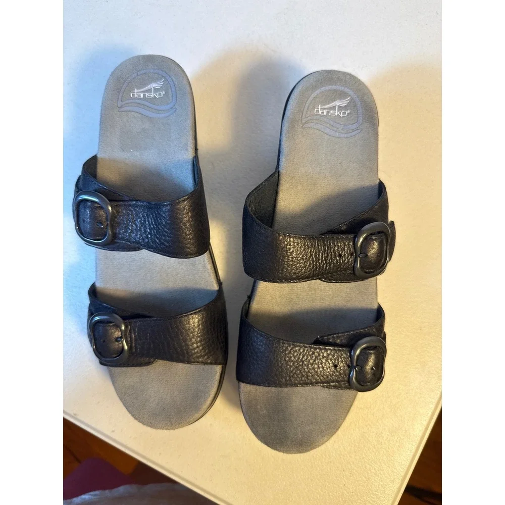 Dansko Womens Black Pebbled Leather Double Strap Buckle Platform Wedge Sandals